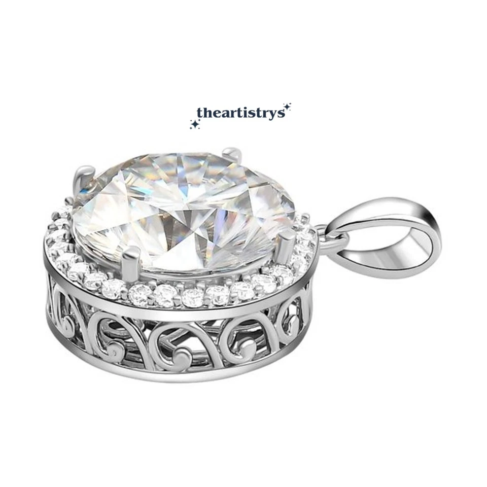 Colgante de boda con halo de moissanita VVS1 corte redondo de 3 quilates de oro blanco sólido de 14 quilates para ella Foto 3 de 4