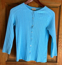L.L.Bean Womens Blue Cable Knit Button Front Cardigan Sweater Sz S 3/4 Sleeve