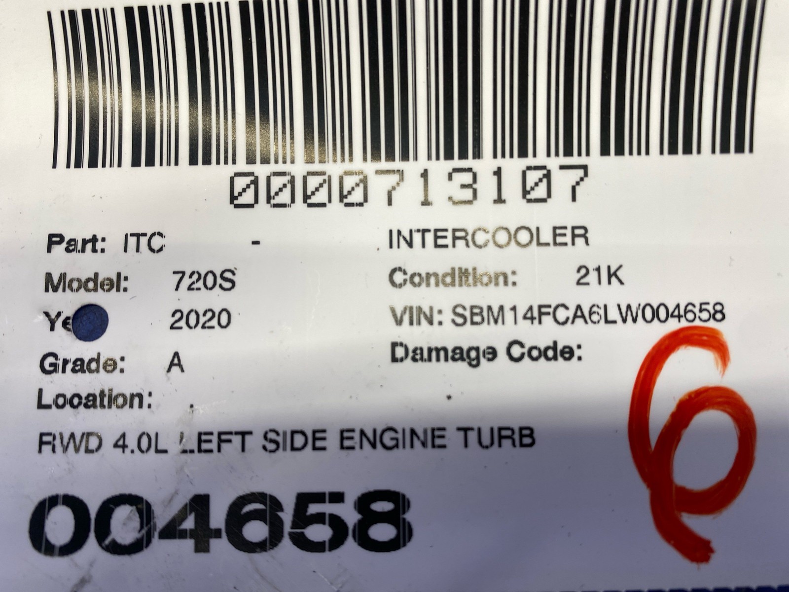 2018-2023 MCLAREN 720S RWD 4.0L LEFT SIDE ENGINE TURBO INTERCOOLER 14F0657CP