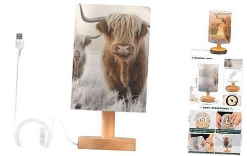 Cool Highland Cow Bedside Table Lamp - USB Small Nightstand Lamp, Wood Base