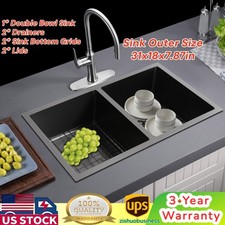 31" x 18" Double Bowl Sink, Kitchen Sink, Sink with Grid and Drainer