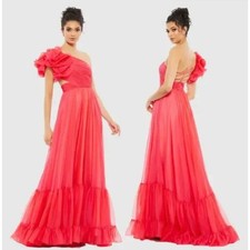 MAC DUGGAL A67941 One Shoulder Hot Pink Chiffon Ruffle Maxi Gown Women's Size 6