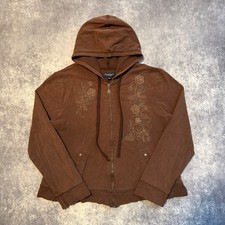 Sonoma Life Style Womens XL Brown Floral Embroidered Full Zip Hoodie Y2K