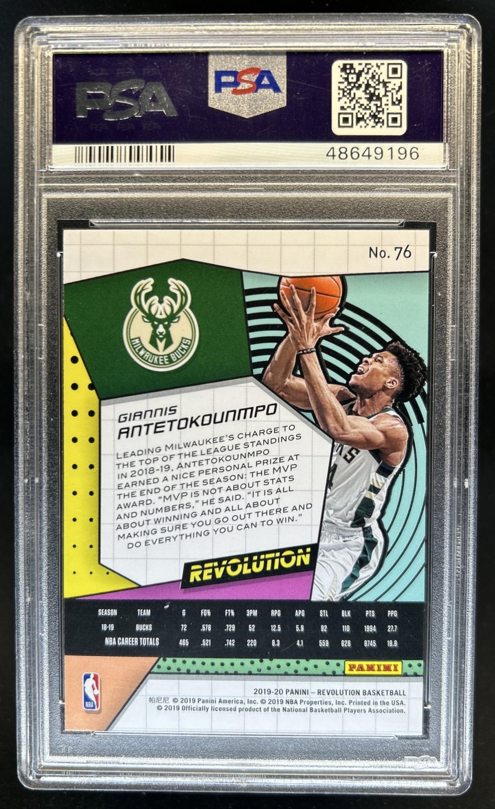 2019-20 Panini Revolution Giannis Antetokounmpo #76 Bucks PSA 10 GEM MINT view 2
