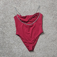 Women  s Burgundy One-Piece Bust Cutout Bodysuit Rhinestone Chain Straps L