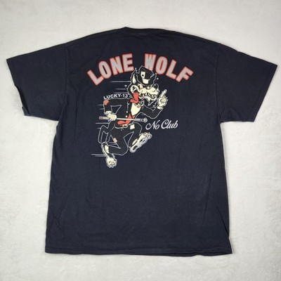 Authentic LUCKY 13 No Club Top Hat Lone Wolf Rockabilly T-Shirt AOP Size XL 
