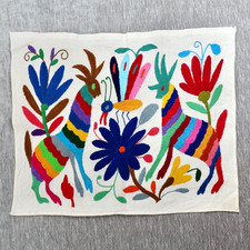 Otomi Tenango Embroidery Deer Bee Textile Handmade Folk Art Mexico 17" x 13.5"