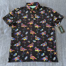 Birdie Bound Shirt Mens Medium Golf Polo Neon Flamingo Starfish Black New Tags