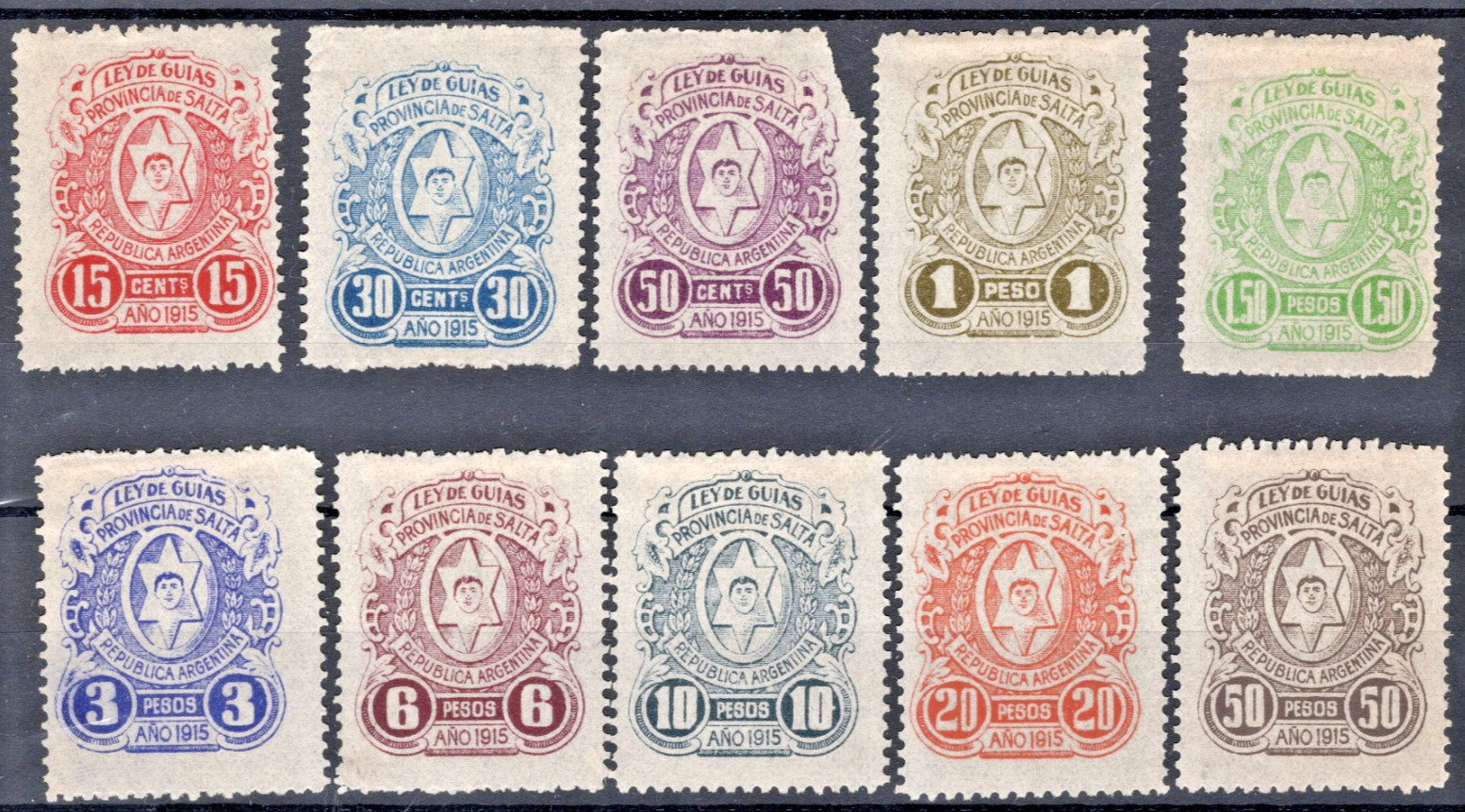 1915 ARGENTINA SALTA LEY DE GUIAS FULL SET REVENUE STAMPS 15C TO 50P MH NO GUM