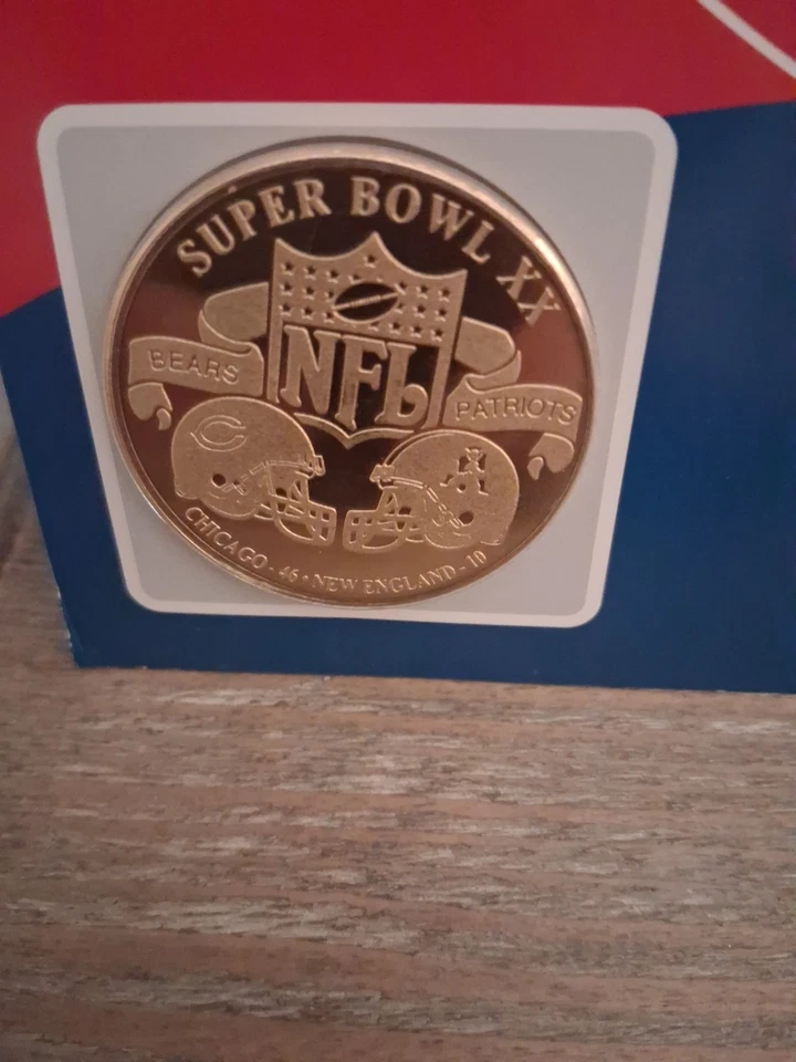 Moneda conmemorativa del Super Bowl XX con postal Jumbo Bears Vs Patriots 1986 Foto 2 de 4