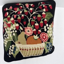 Vintage Needlepoint Pillow Cover 13x13 Garden Flowers Clay Pots Velvet Back