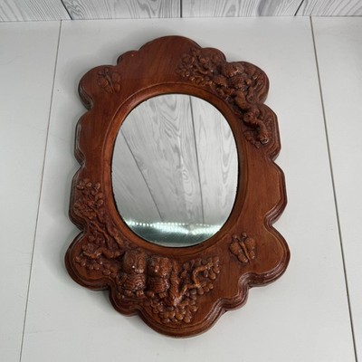 Vintage Ornate Wood Carved Owl Butterflies Leaves Wall Mirror Heavy MCM 1960s