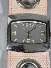 Silver Tone Dial Rectangle Case Pink Wide Canvas Band Watch