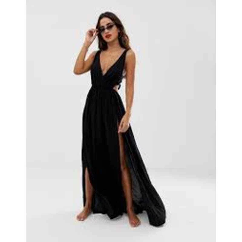 Asos design tie back cross front best sale split maxi beach dress in black
