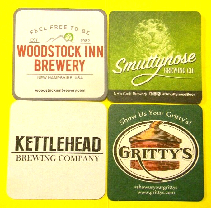4 NEW HAMPSHIRE BREWERY BEER COASTERS SMUTTYNOSE WOODSTOCK KETTLEHEAD GRITTY'S