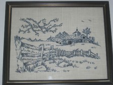 Vintage Hand-sewn Stitched Embroidery/Needlework Picture Framed White/Black