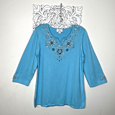 QUACKER Factory Women's MEDIUM Pullover Top Beaded Sequins Embellishment BLUE