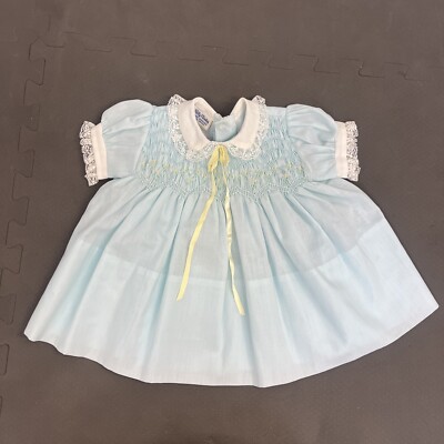Polly Flinders Hand Smocked Dress VTG Sz. Infant Embroidery Lace Trim Blue Chrty