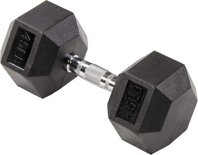 Rubber Encased Hex Dumbbell, 45LB Single
