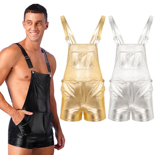 Men Shiny Metallic Dungarees with Strap Overall Suspender Shorts Fancy Dress - Picture 3 of 43