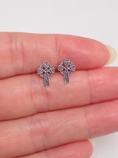 925 Sterling Silver Celtic Cross Stud Earrings Tiny Small Studs Mens Womens 9mm