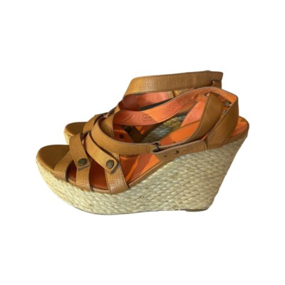Via Spiga Espadrille 10/42 Wedge Braided Heels Open Toe Cognac