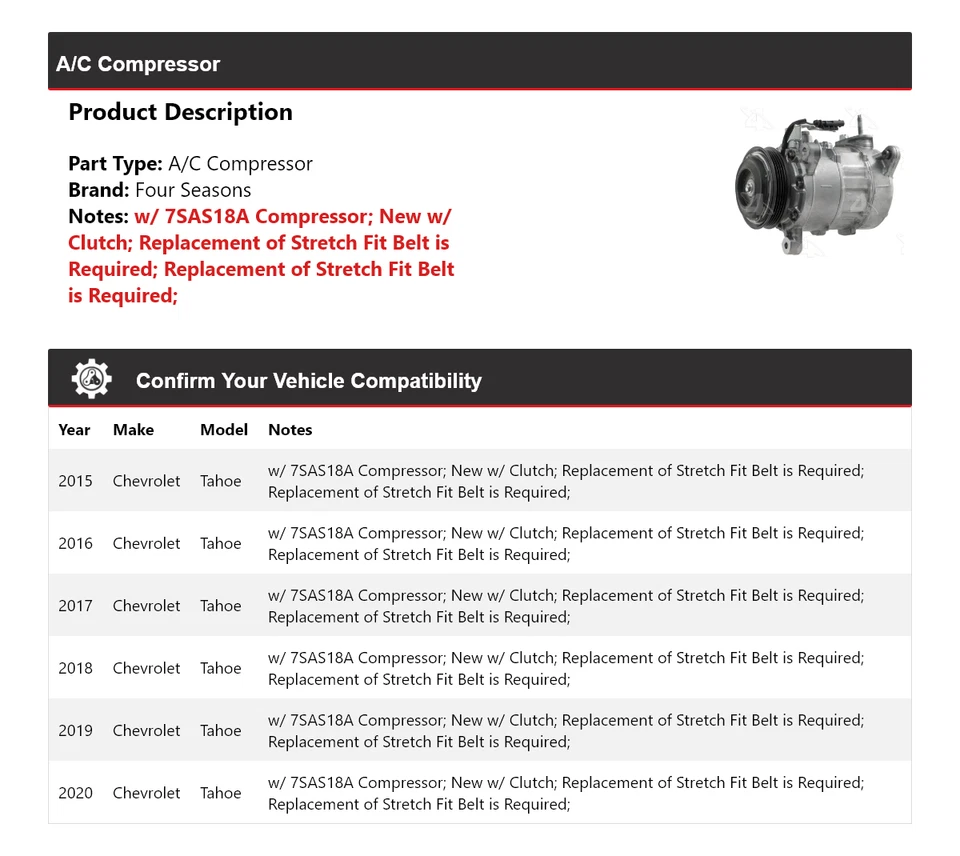 Compresor de aire acondicionado para Chevrolet Tahoe 2015-2020 4 estaciones 2016 2017 2018 2019 Foto 2 de 4