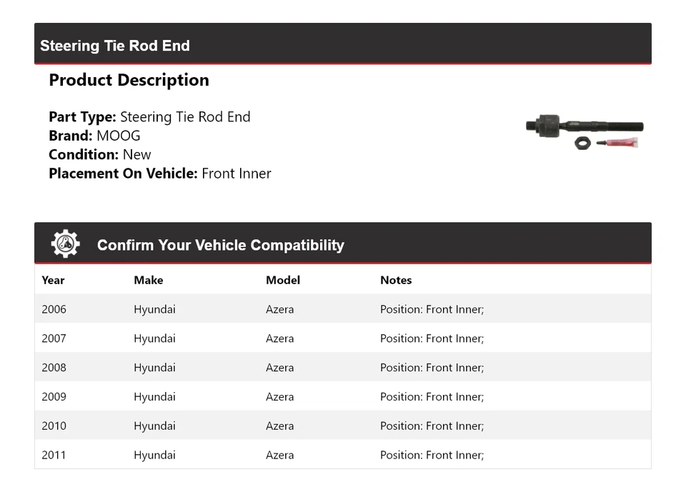 Para Hyundai Azera 2006-2011 extremo de barra de dirección interior delantero MOOG 2006 2007 2008 Foto 2 de 4