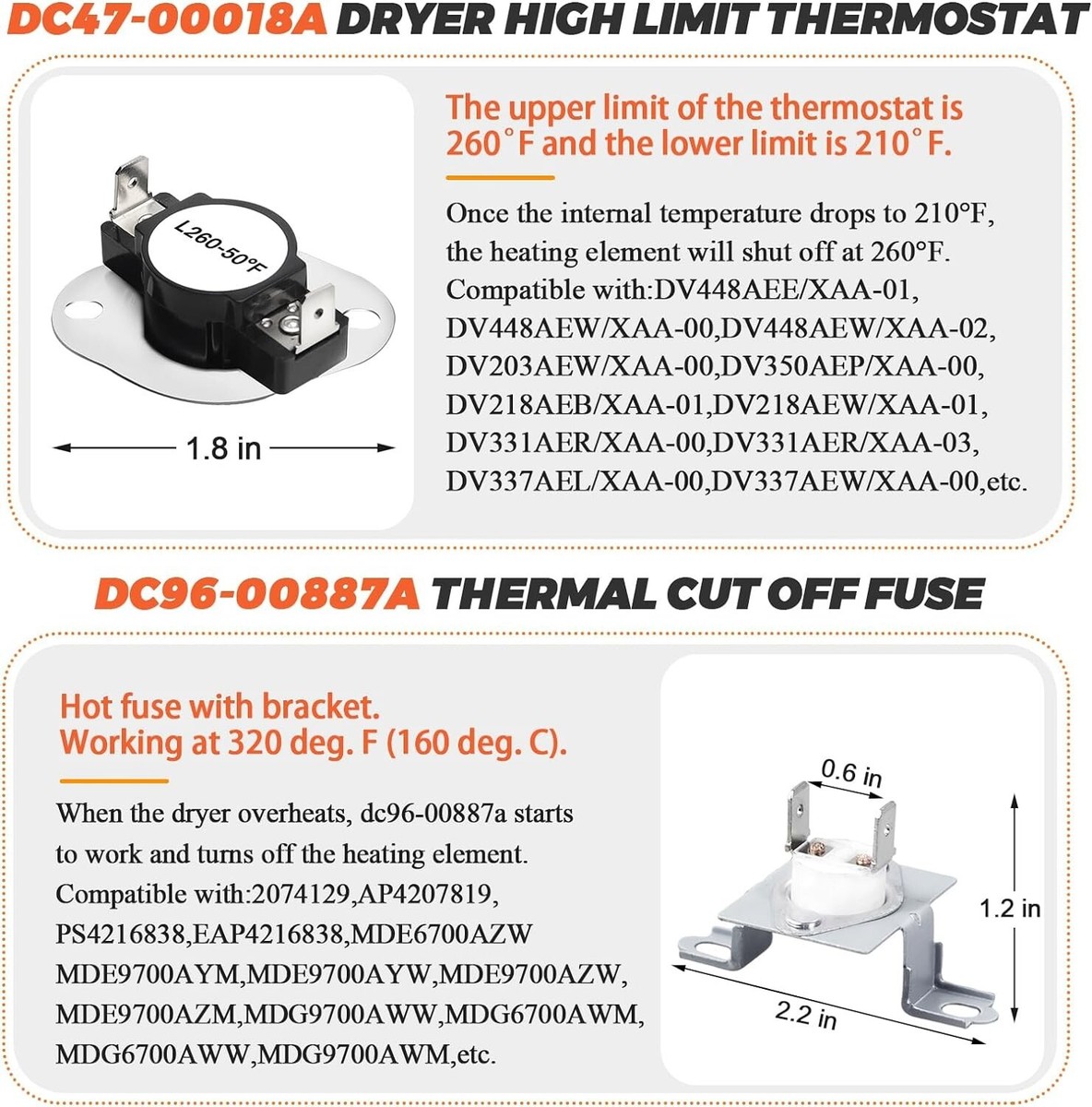 NED7500VW1 Amana Dryer Heater & All Thermostats Thermal Fuses Kit