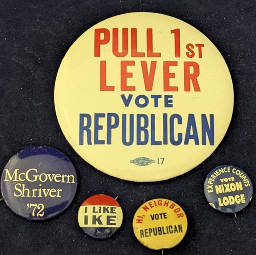 Konvolut 5 Vintage Buttons Pins Pinbacks 60er und 70er Jahre Politik & Werbung - Bild 1 von 5