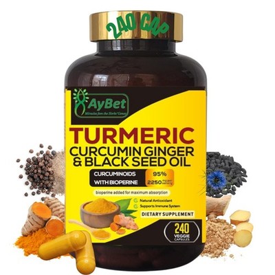 AyBet World 1st.Turmeric Curcumin Ginger&Black Oil, 240 Caps, 2250mg, 95% Cur...
