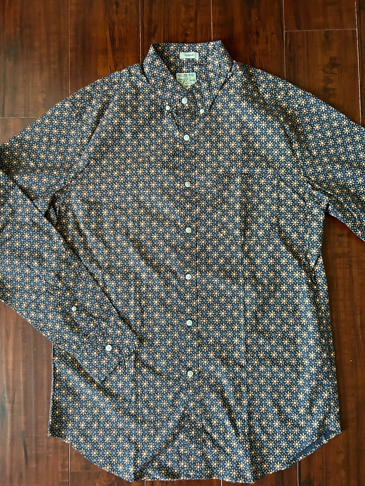 J Crew Shirt Mens Navy Orange Floral Classic Fit Stretch Secret Wash Size M