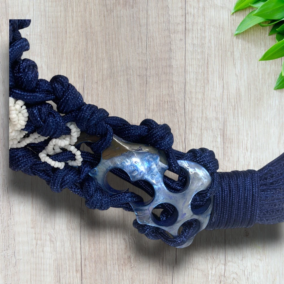 Cinto espartilho vintage década de 1980 azul marinho e branco trançado cintura corda Avant Garde - Imagem 2 de 3