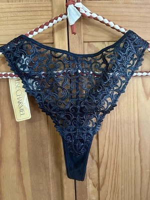 NWT Sexy Lise Charmel Bonne Nuit Black Embroidered Lace Thong Panty Sz Large