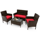 Ensemble de meubles de patio en rotin Costway 4PCS avec canapé rembourré, chaise et table basse rouge