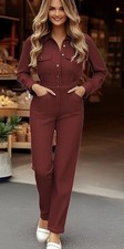 Women Overalls Elegant Jumpsuit Casual Coverall Travel Romper Turn-Down Collar