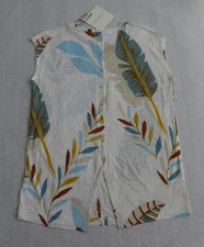 CYNTHIA ROWLEY Botanical  Print Button Back 100% Linen Slub Knit Top Sizes S, L