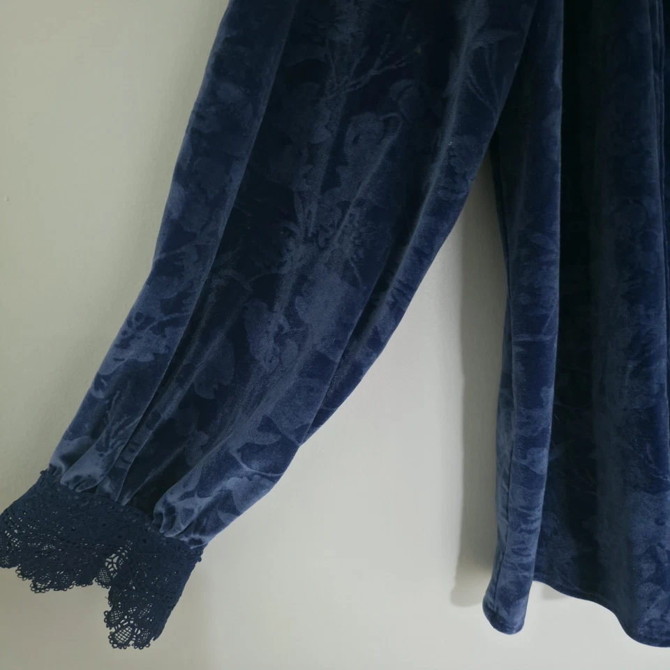 Blusa Pioneer Mujer Azul Terciopelo Floral Crochet Puño Manga Raglán Mujer XL Top Foto 4 de 4