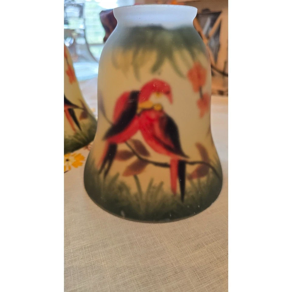 Vtg American Art Glass Shade  Antique Perching Parrots Hand Painted - Image 3 of 4