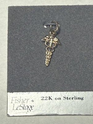 Charm Fisher LeStage 22K Gold auf Sterling Silber Caduceus medizinisches Symbol