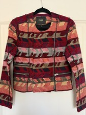 Maje Tweed Jacquard Moto Jacket Multicolor Aztec Zip Collarless Size 38 / M