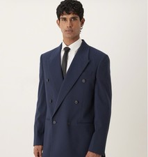 ASOS Relaxed Double Breasted Boxy Suit In Navy Metallic Pin Stripe