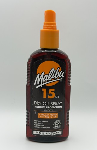 Malibu SPF15 Dry Oil Spray 200ml Medium UVA UVB Protection Water Resistant