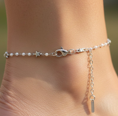 Elegant Silver Tone Anklet Silver Plated Minimalist Star Charm & White Pearl
