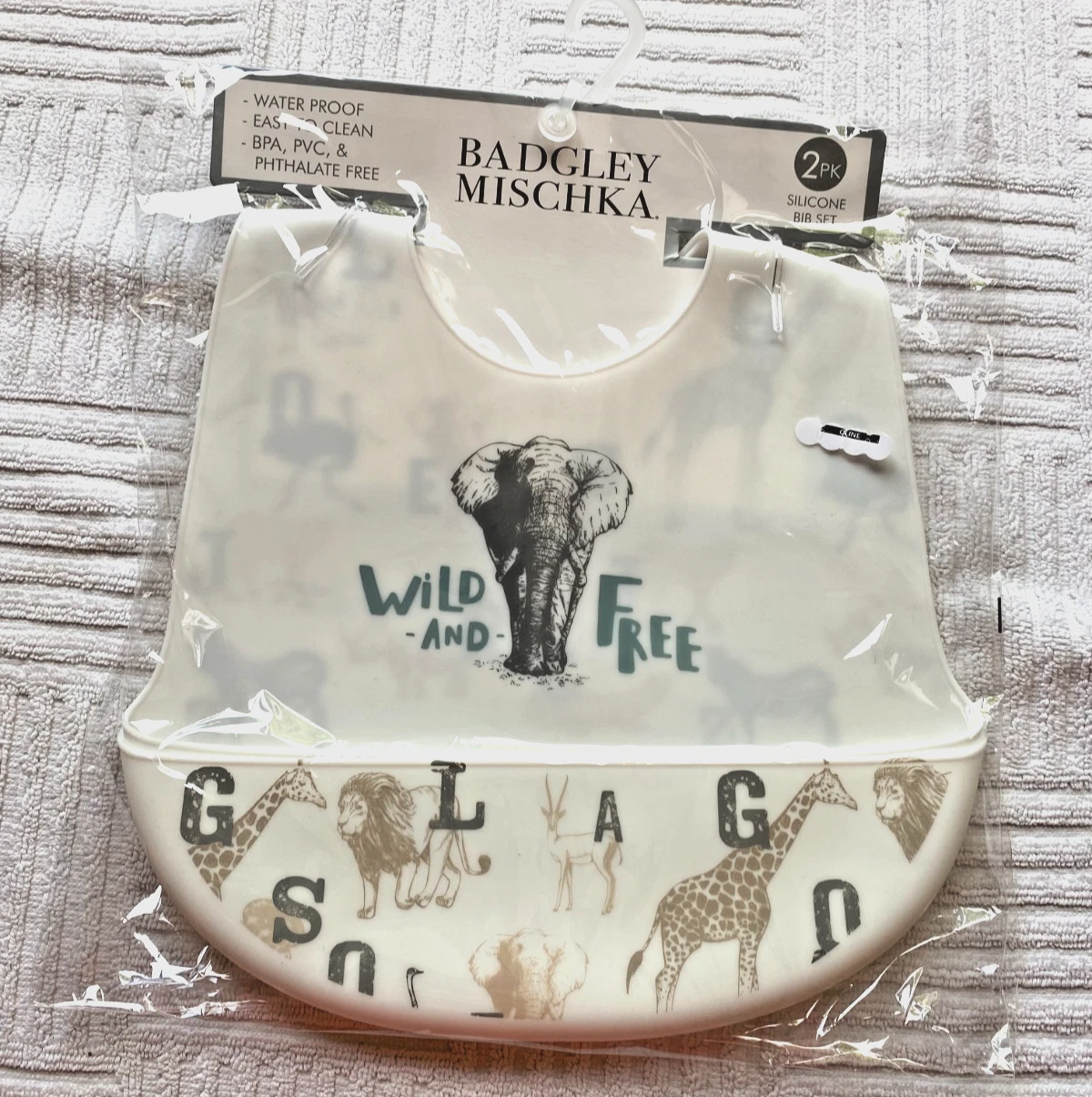 BADGLEY MISCHKA 2 Pack Silicone Bib Set - Wild & Free Safari Animals Alphabet