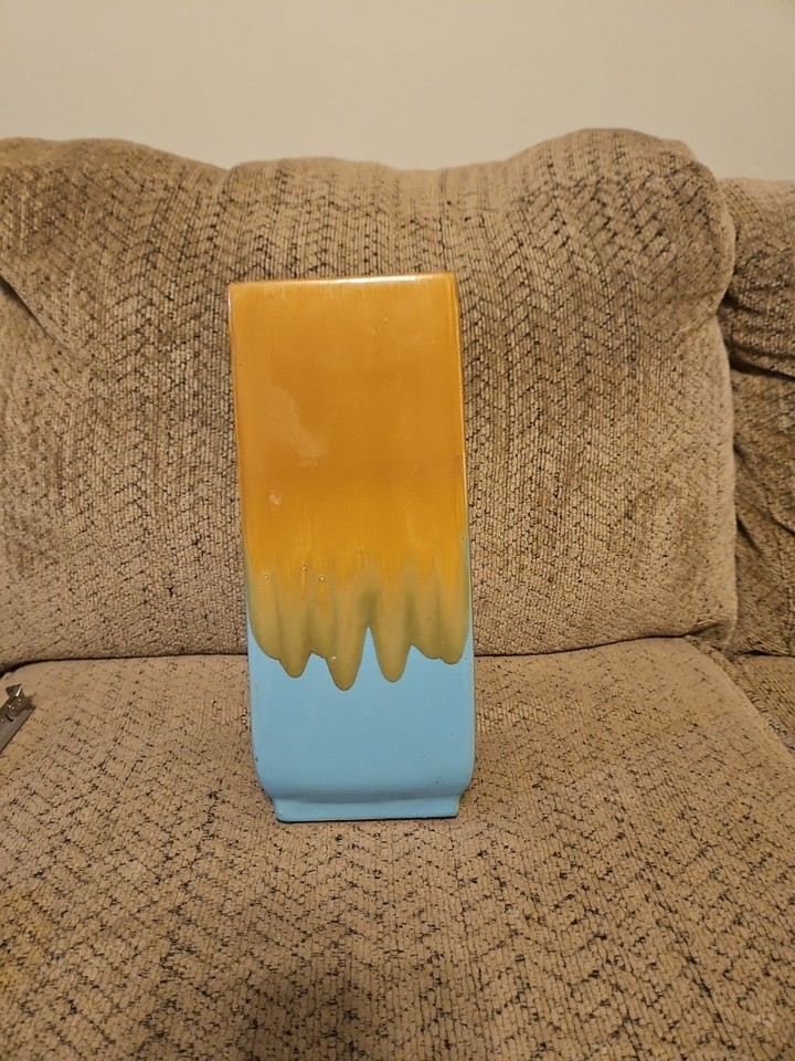 Mid Century Modern Drip Glaze Pottery Vase 14.5" Turquoise Mustard MCM Vintage