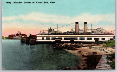 Ferry Islander docked At Woods hole Massachusetts pstd 1952 Worcester Postcard