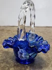 Fenton Cobalt Blue Hand Painted Floral Art Glass Mini Basket Signed J. Jeffries