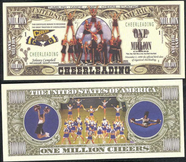 CHEERLEADING MILLION CHEERS DOLLAR - LOT OF 2 BILLS