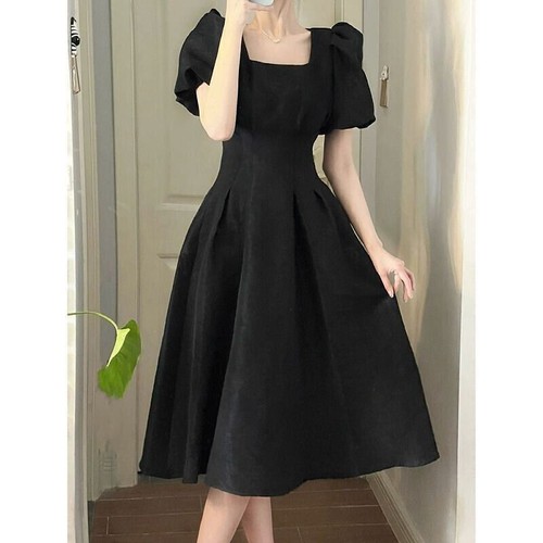 Elegante Vestido Midi Para Mujer Cuadrado Cuello Corto Mangas Abullonadas Calce Ajustado Verano Fiesta - Imagen 3 de 16